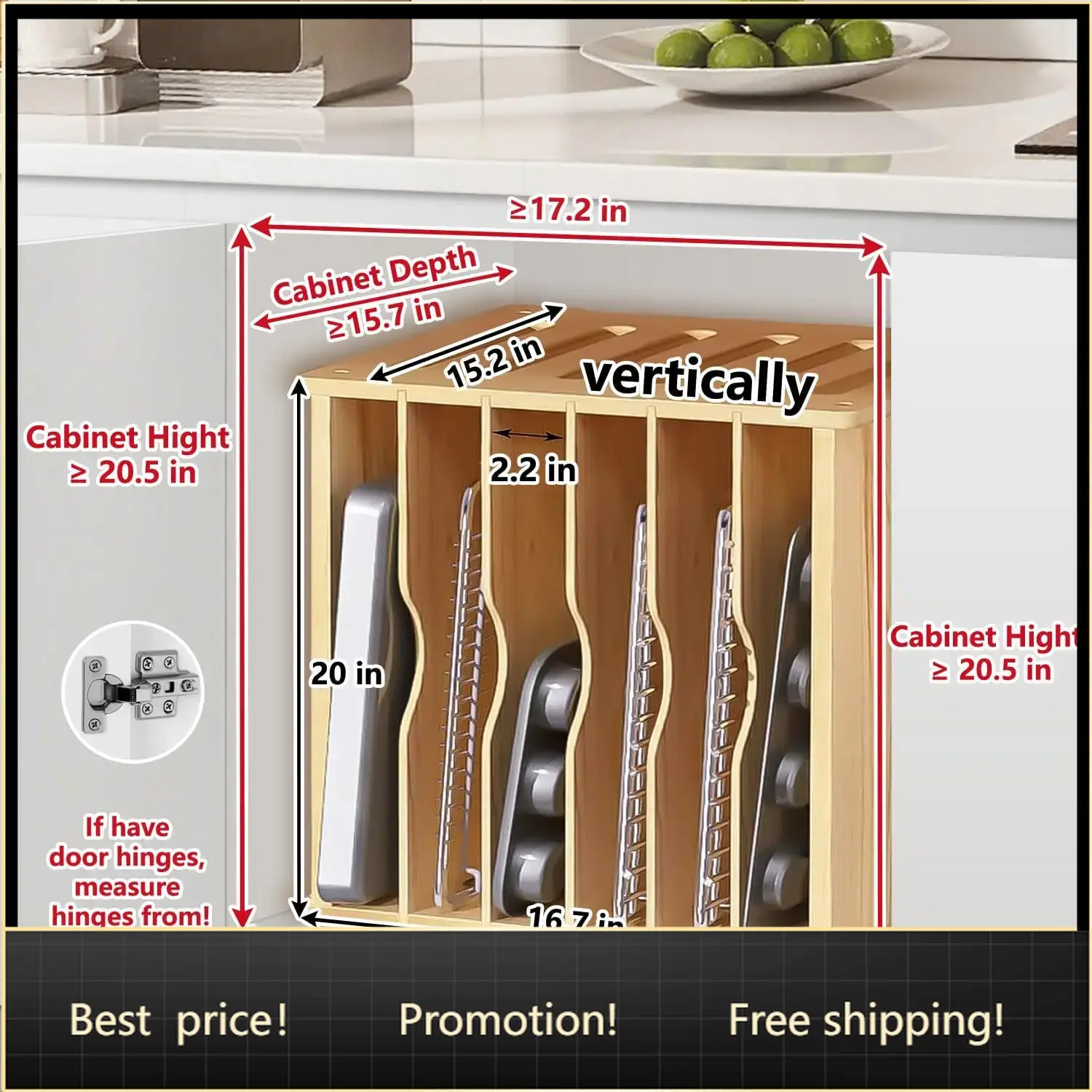 Kitchen Cabinet Baking Sheet Organizer - Wooden Tray Dividers for Cabinets, Cookie